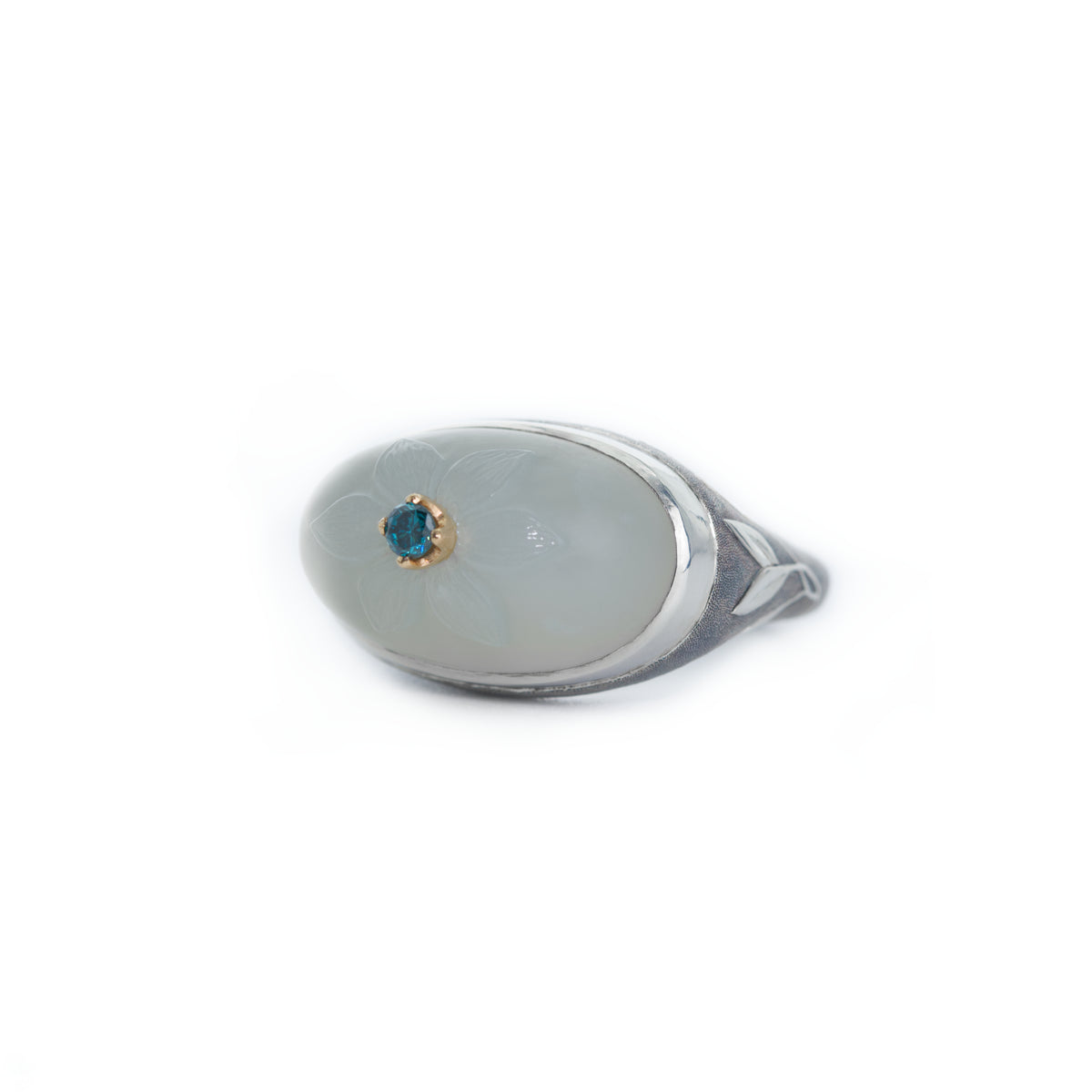 Silver ring with a blue gemstone on a white background