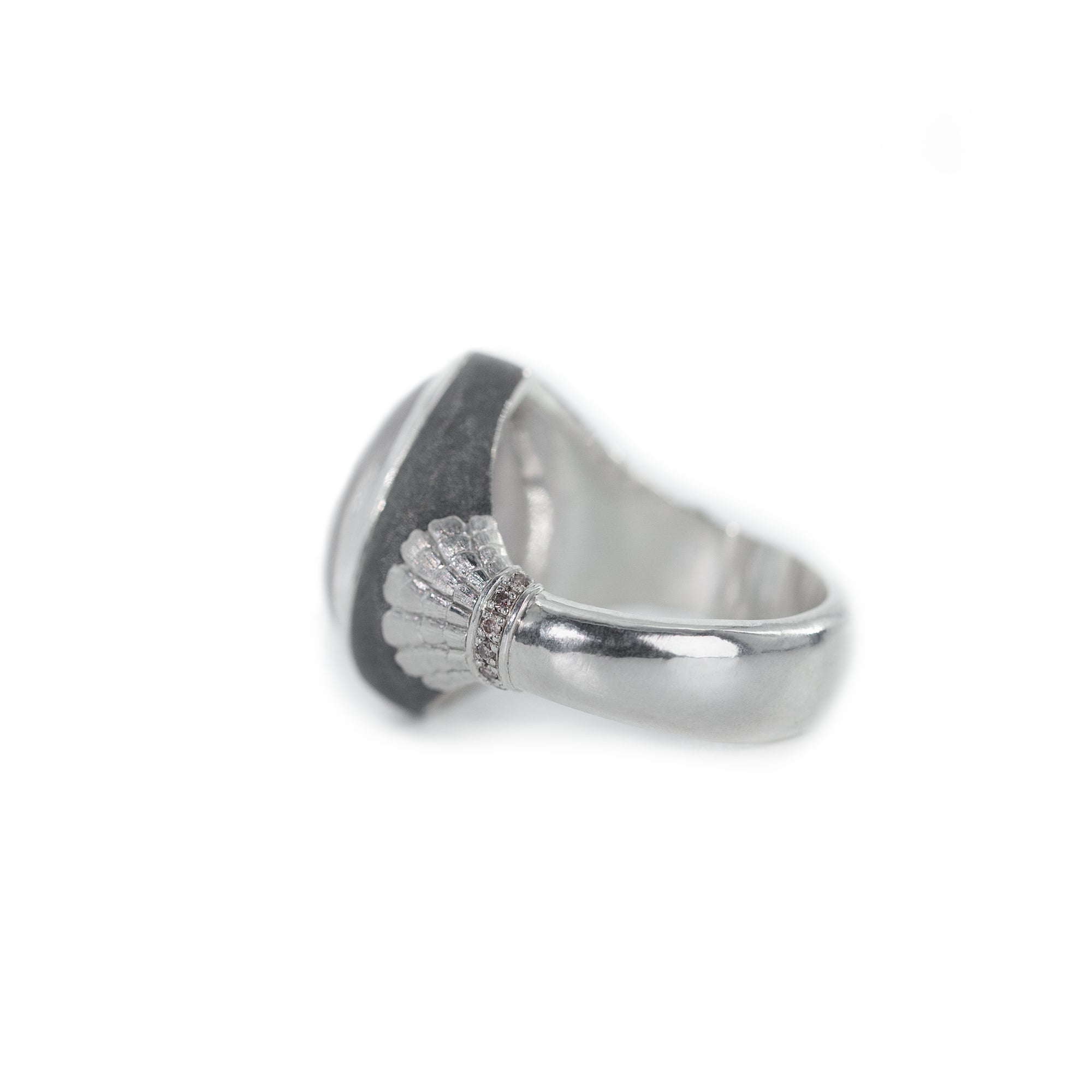 Silver ring with a shell design on a white background