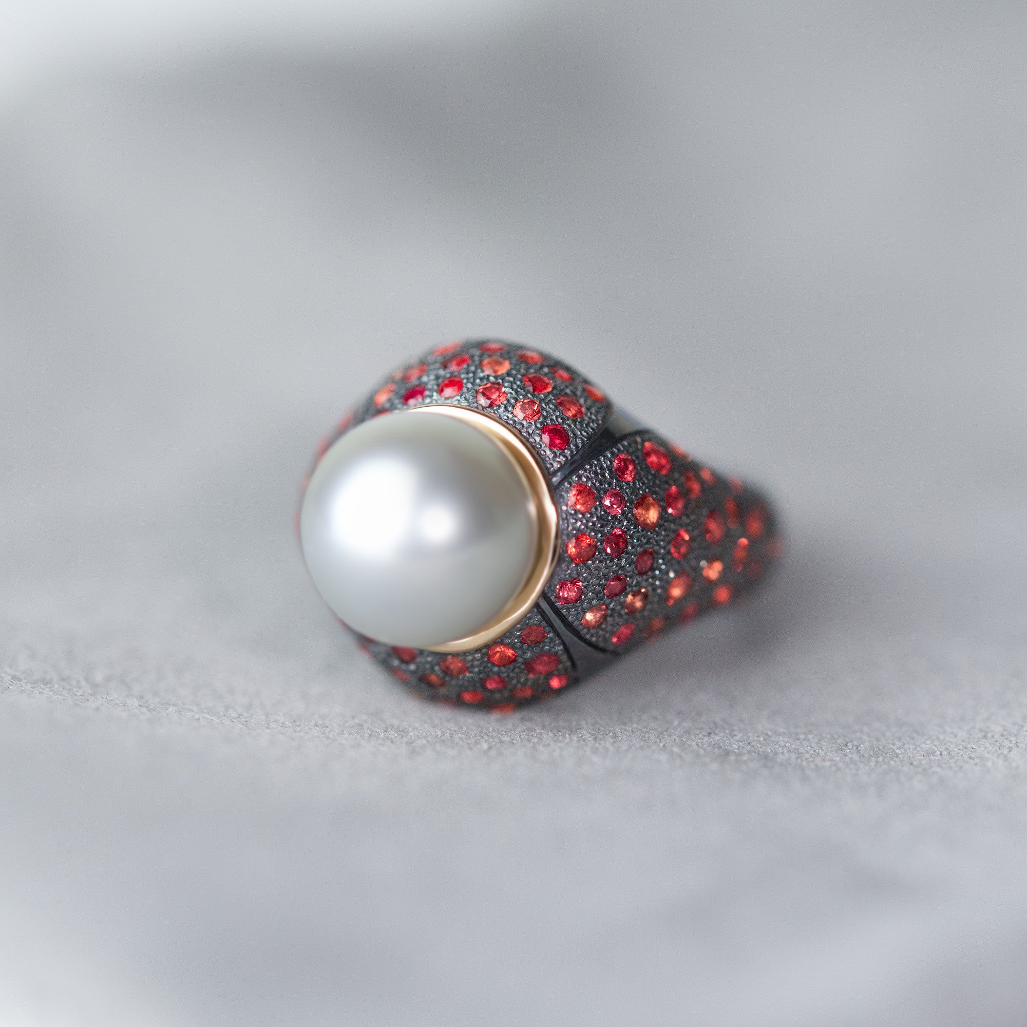 Art Deco Tahitian Pearl Ring with red sapphires made by Ewa Z. Sleziona Jewellery