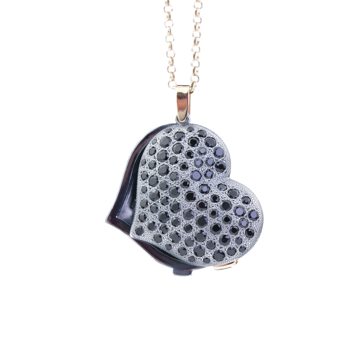Black Spinel Slide Heart Shaped Locket made in 18K Gold and Sterling Silver by Ewa Z. Sleziona Jewellery