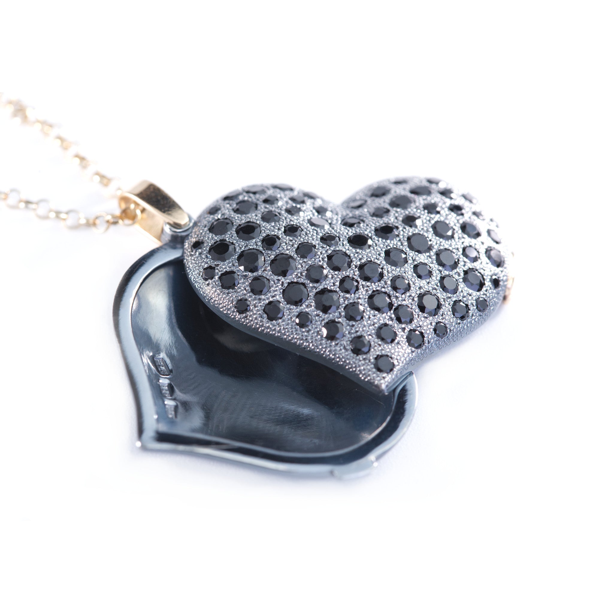 Black Spinel Slide Heart Shaped Locket made in 18K Gold and Sterling Silver by Ewa Z. Sleziona Jewellery