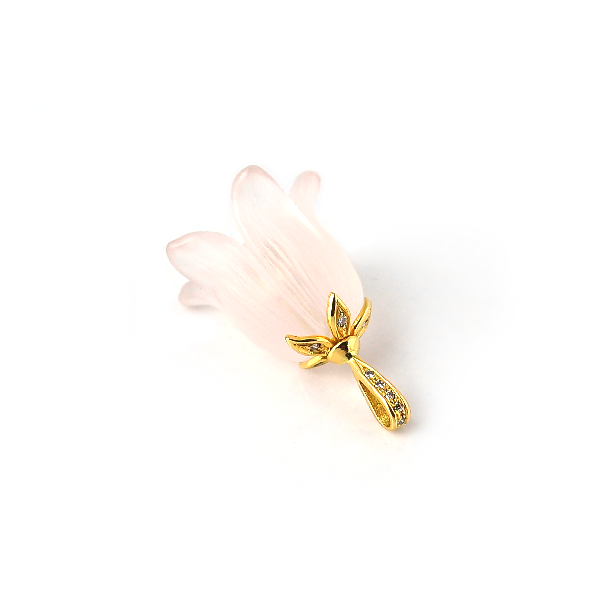 Hand craved rose quartz flower pendant with diamonds in 18K gold by Ewa Z. Sleziona Jewellery