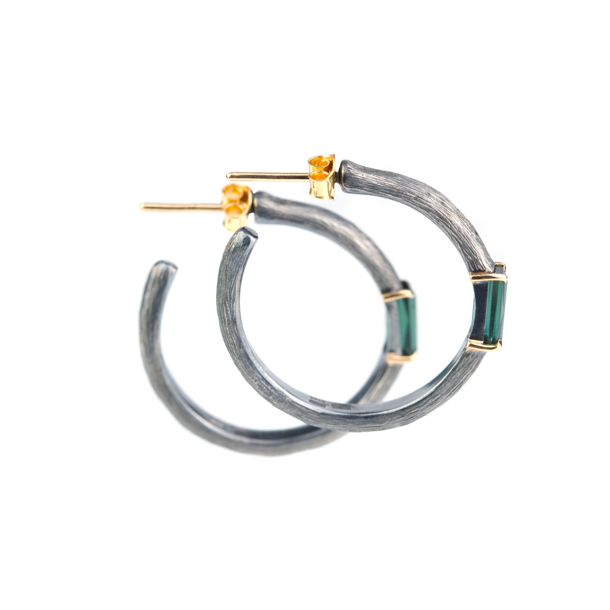 Green tourmaline hoop earrings made in sterling silver and 18k gold by Ewa Z. Sleziona