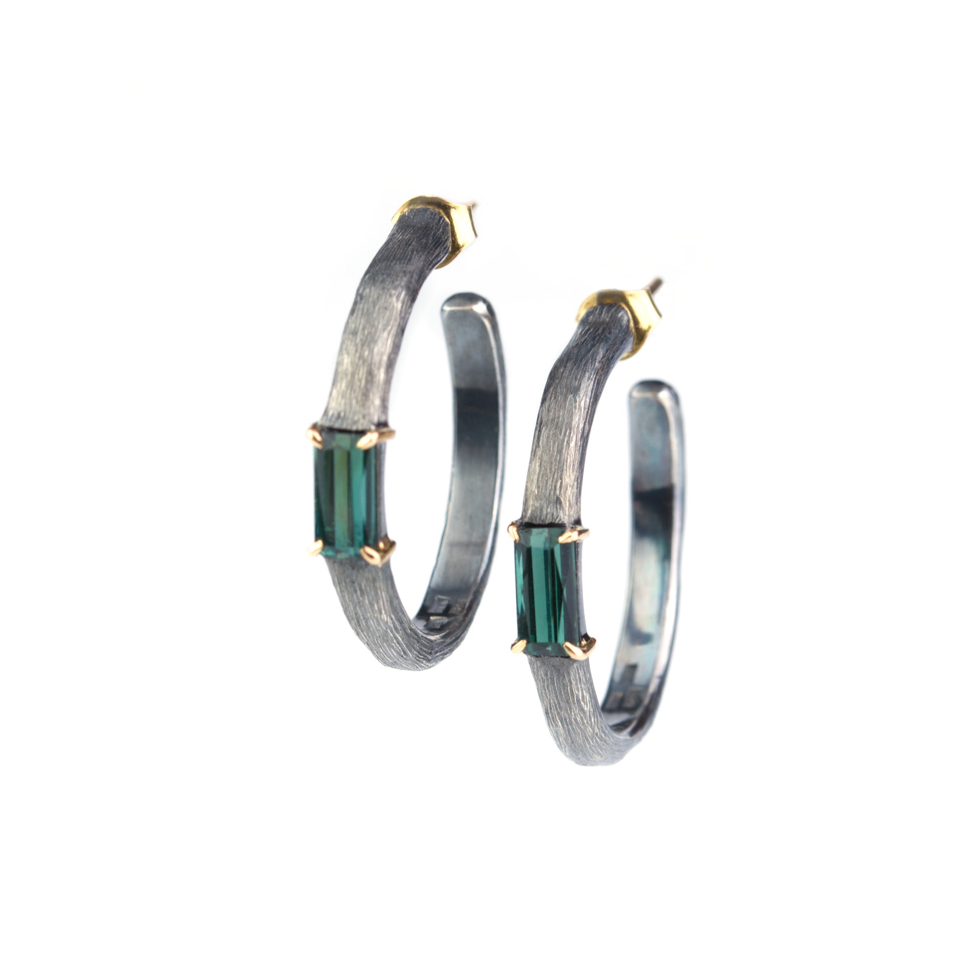 Green tourmaline hoop earrings made in sterling silver and 18k gold by Ewa Z. Sleziona