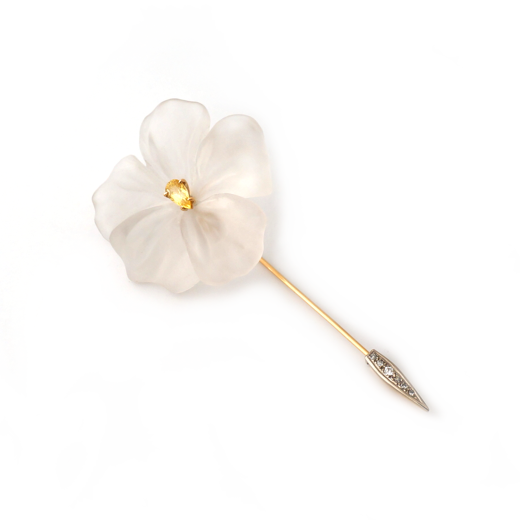 18K gold flower pin with hand-carved rock crystal with white diamonds by Ewa Z. Sleziona Jewels
