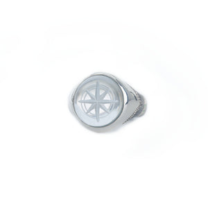 Silver ring with a compass design on a white background