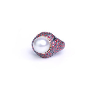 Art Deco Tahitian Pearl Ring with red sapphires made by Ewa Z. Sleziona Jewellery