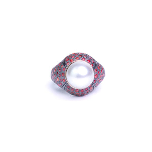 Art Deco Tahitian Pearl Ring with red sapphires made by Ewa Z. Sleziona Jewellery