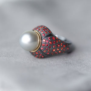 Art Deco Tahitian Pearl Ring with red sapphires made by Ewa Z. Sleziona Jewellery