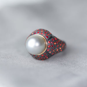 Art Deco Tahitian Pearl Ring with red sapphires made by Ewa Z. Sleziona Jewellery