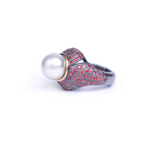 Art Deco Tahitian Pearl Ring with red sapphires made by Ewa Z. Sleziona Jewellery