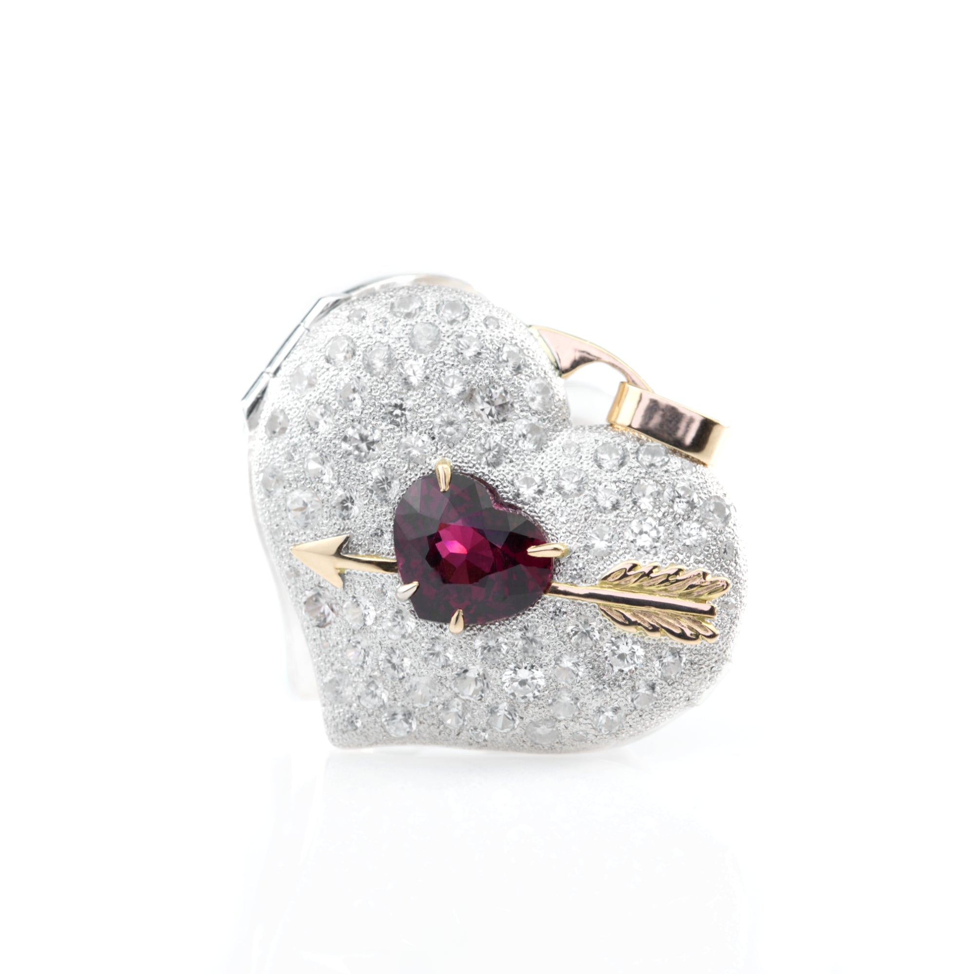 Rhodolite Garnet Heart Locket with white Zircon by Ewa Z. Sleziona Jewellery - front