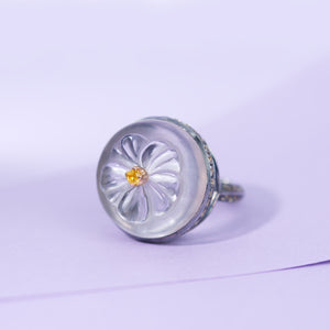 White Pensy Ring with hand-carved flower cameo by Ewa Z. Sleziona, piece from Secret Garden Collection