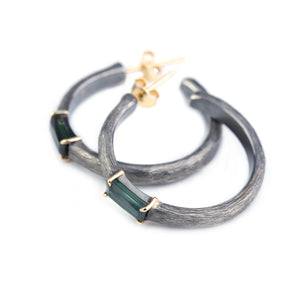 Green tourmaline hoop earrings made in sterling silver and 18k gold by Ewa Z. Sleziona