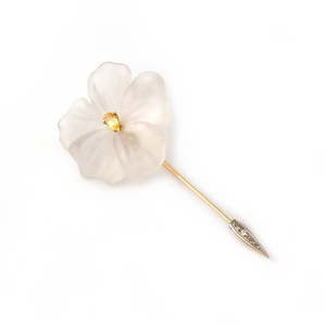 18K gold flower pin with hand-carved rock crystal with white diamonds by Ewa Z. Sleziona Jewels