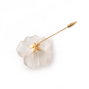 18K gold flower pin with hand-carved rock crystal with white diamonds by Ewa Z. Sleziona Jewels