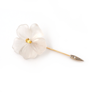 18K gold flower pin with hand-carved rock crystal with white diamonds by Ewa Z. Sleziona Jewels