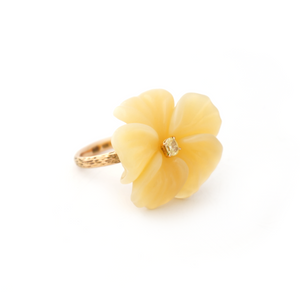 18K gold flower ring with hand-carved opal with yellow diamonds by Ewa Z. Sleziona Jewels