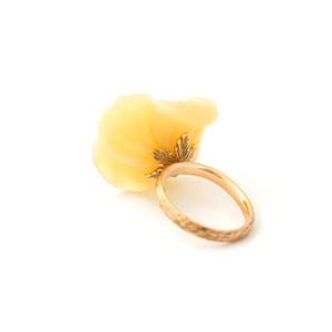 18K gold flower ring with hand-carved opal with yellow diamonds by Ewa Z. Sleziona Jewels