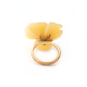 18K gold flower ring with hand-carved opal with yellow diamonds by Ewa Z. Sleziona Jewels