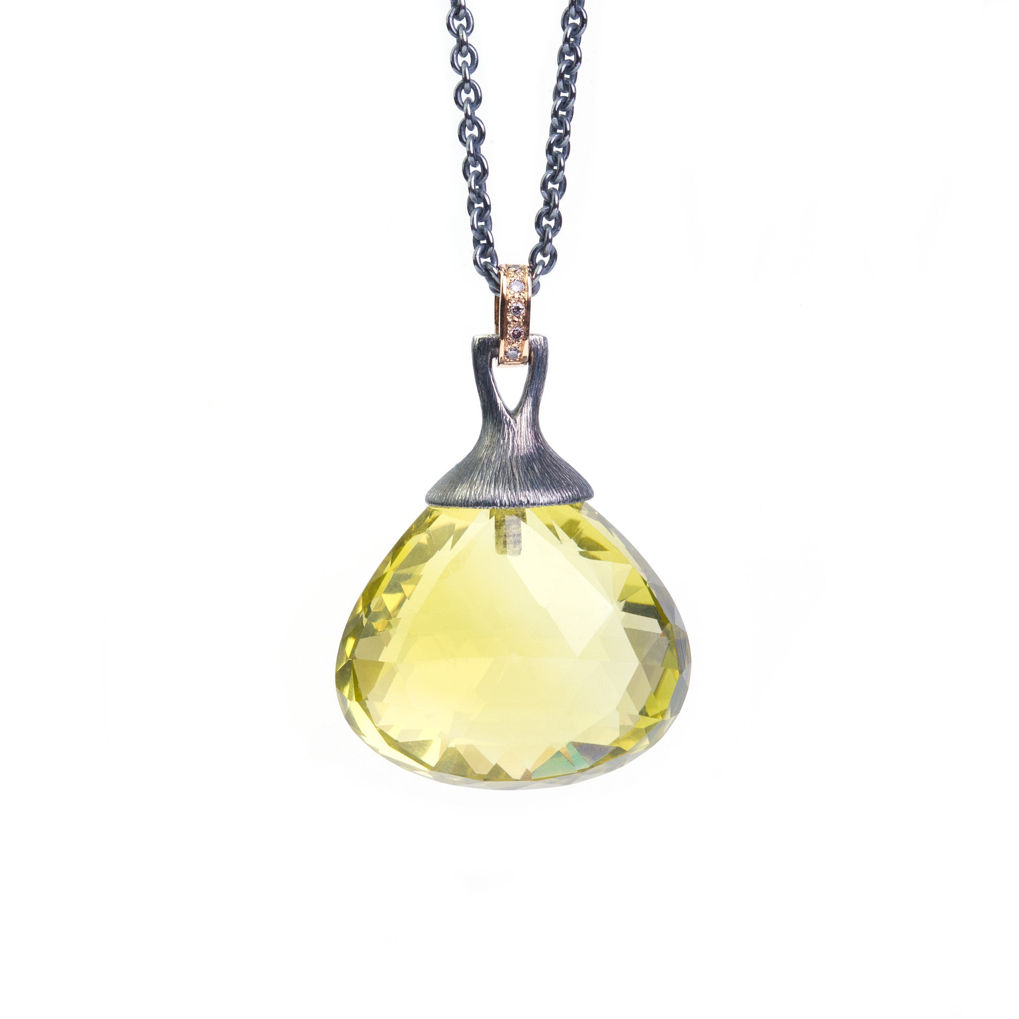 Oro verde Quartz with brown diamonds necklace, crafted in 18K gold and sterling silver. Ewa Z. Sleziona Jewellery